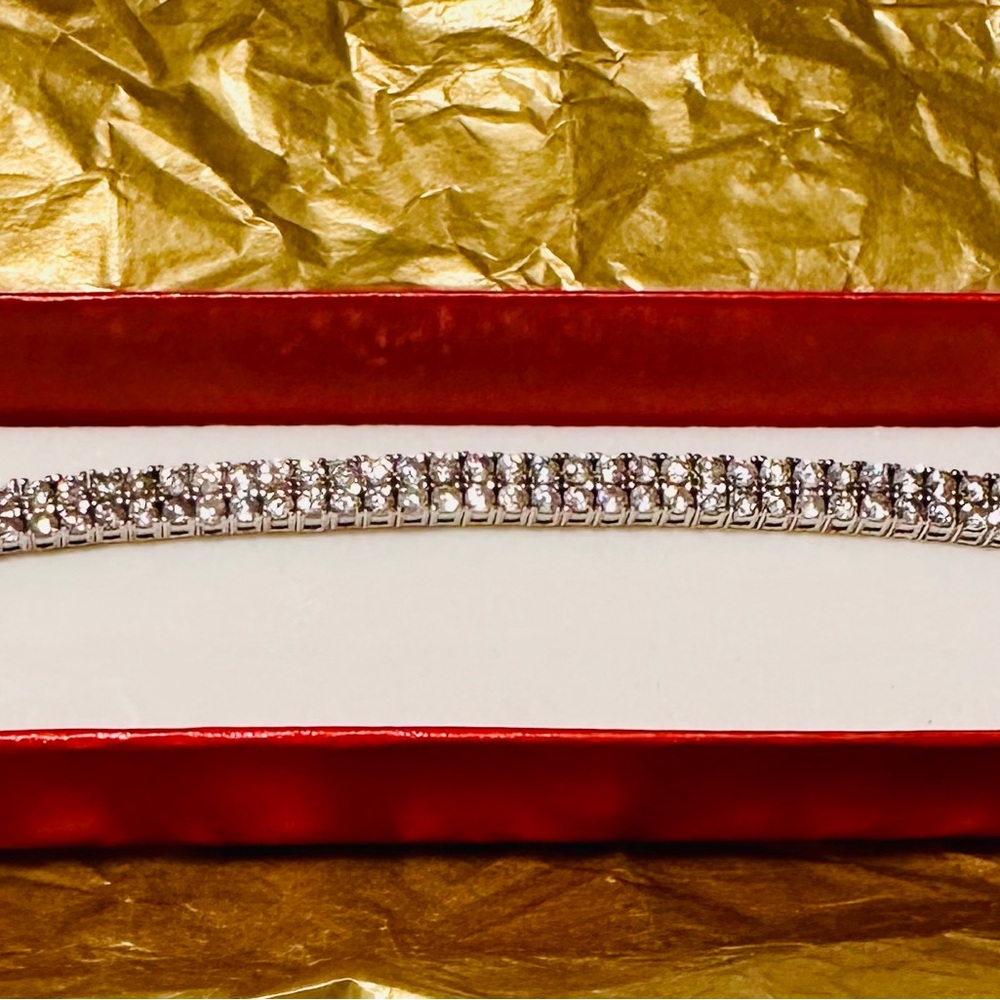 Vintage 925 Silver Double Strand Cubic Zirconia Tennis Bracelet w safety latch